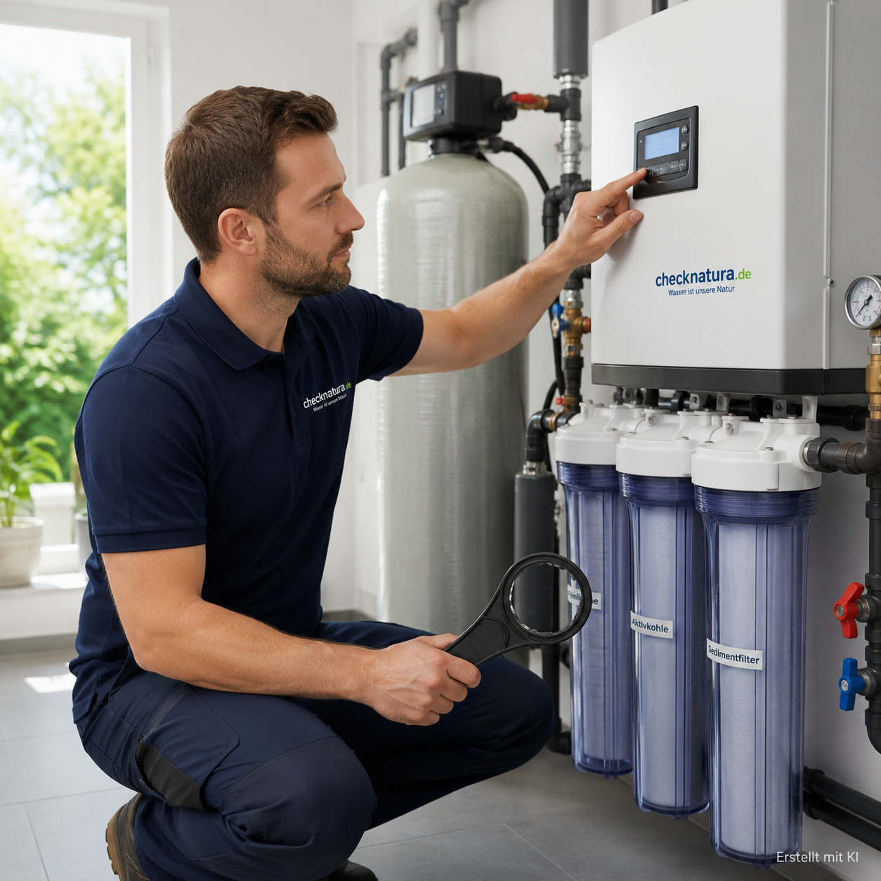 Servicetechniker prüft eine moderne Wasseraufbereitungsanlage in einem sauberen Technikraum.