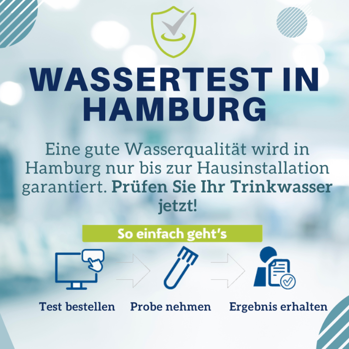 Banner mit Text: „Wassertest in Hamburg – Eine gute Wasserqualität wird in Hamburg nur bis zur Hausinstallation garantiert. Prüfen Sie Ihr Trinkwasser jetzt! So einfach geht’s – Test bestellen – Probe nehmen – Ergebnis erhalten“