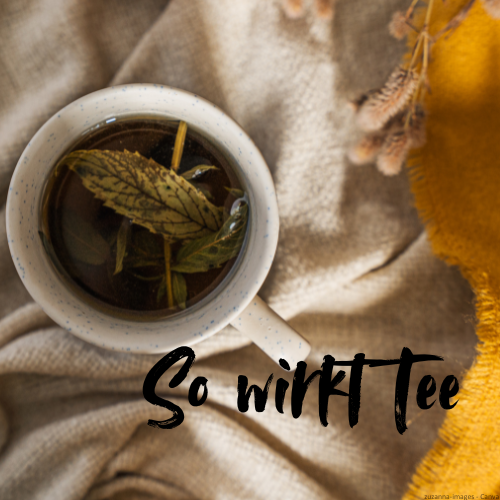 Eine Tasse mit frischem Tee. Daneben steht "So wirkt Tee."