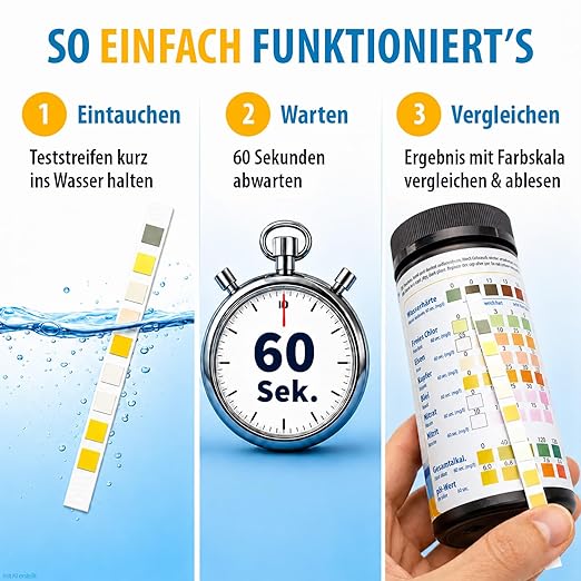 Anleitung zur Anwendung des Wassertests: Teststreifen eintauchen, 60 Sekunden warten und Ergebnis mit der Farbskala vergleichen.
