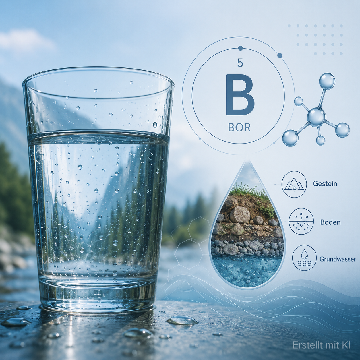 Glas mit Trinkwasser neben Bor-Symbol, Molekülgrafik und Bodenschichten als Hinweis auf natürliche Borquellen im Grundwasser.