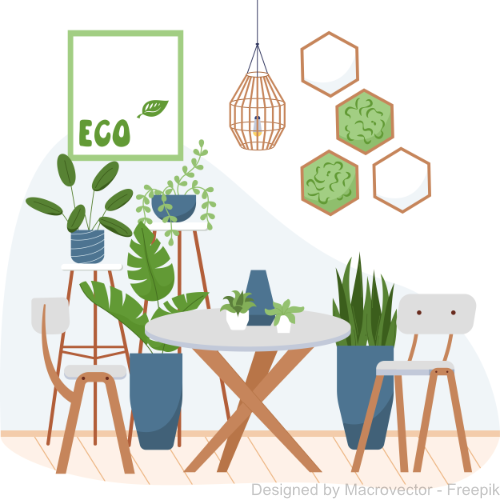 Eine Vektorgrafik mit Öko-Möbeln und Pflanzen. Das Wort Eco ist zusammen mit einem Blatt auf der weißen Wand im Hintergrund dargestellt