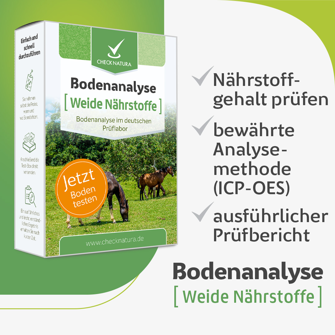 Bodenanalyse-Testkit für Weide-Nährstoffe mit Produktverpackung und Hinweisen zur Prüfung des Nährstoffgehalts, bewährter ICP-OES-Analysemethode und ausführlichem Prüfbericht.