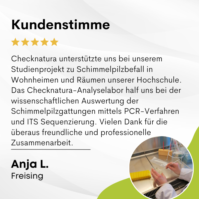 Anja L. sagt: " Checknatura unterstützte uns bei unserem Studienprojekt. Hierbei untersuchten wir den Schimmelpilzbefall in unterschiedlichen Wohnheimen und Räumen unserer Hochschule. Das Checknatura-Analyselabor half uns bei der wissenschaftlichen Auswer