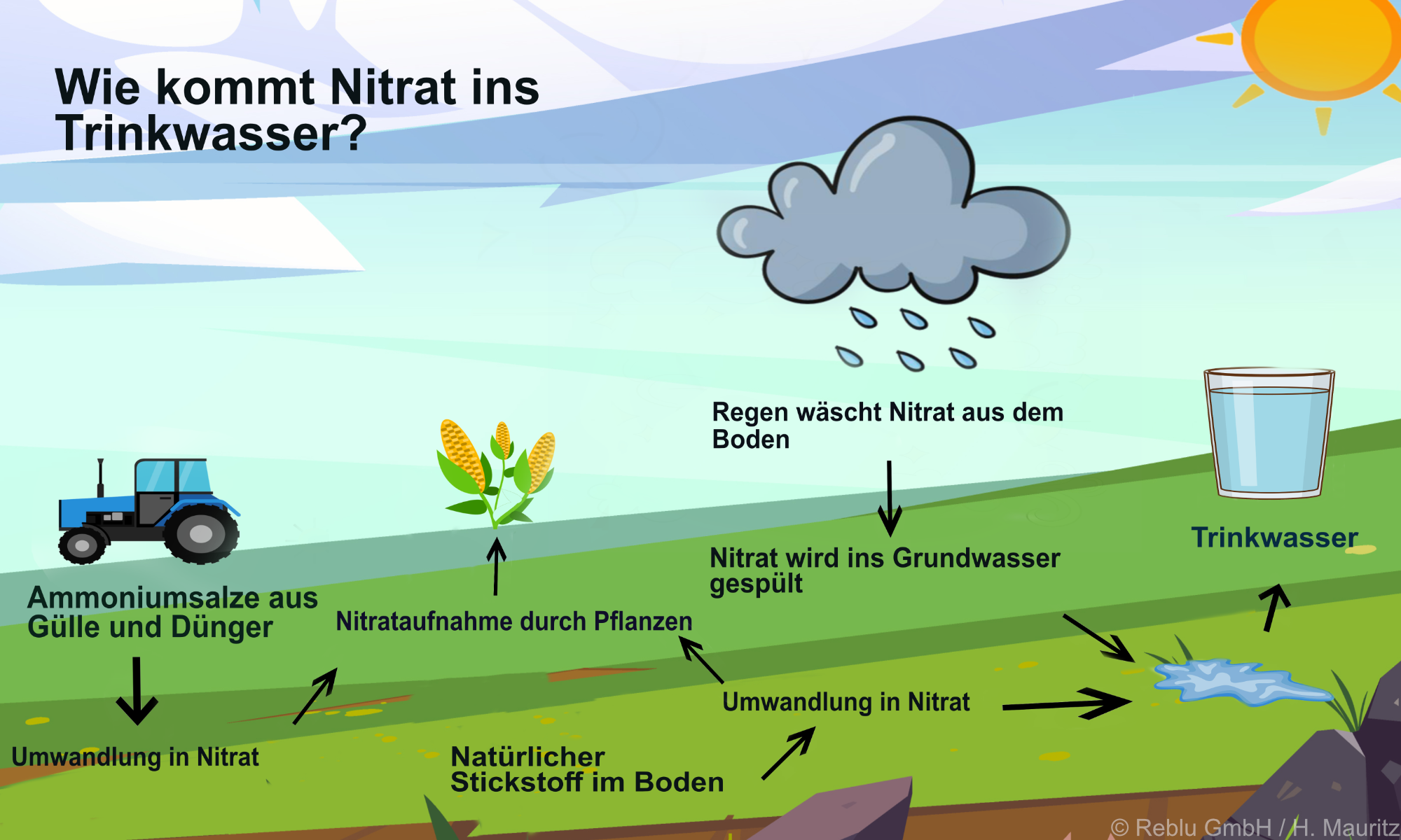 Nitrat kommt durch Dünger, Gesteins-Auswaschungen oder die Umwandlung aus natürlich vorkommendem Stickstoff in den Boden.  Über das Grundwasser kann es dann in unser Trinkwasser geraten. 