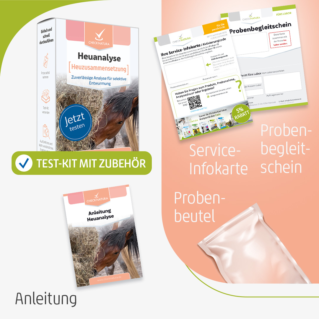 Heuanalyse-Testkit zur Heuzusammensetzung mit Zubehör: Produktverpackung, Anleitung, Service-Infokarte, Probenbegleitschein und Probenbeutel.