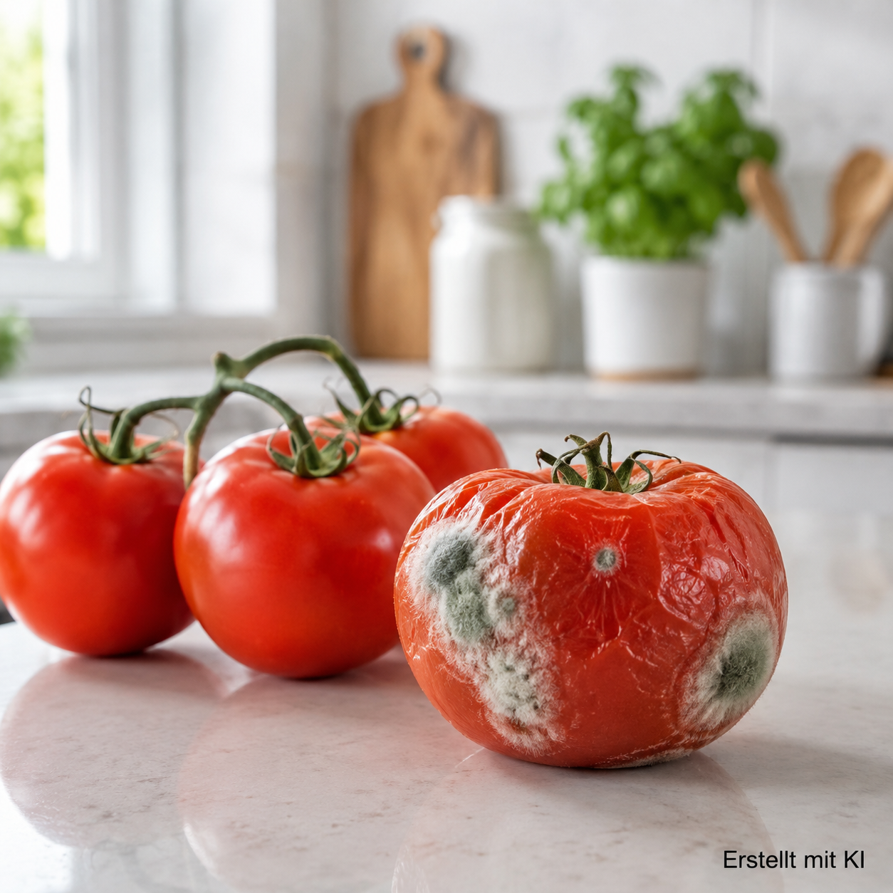Schimmelige Tomate neben frischen Tomaten auf einer hellen Küchenarbeitsfläche.