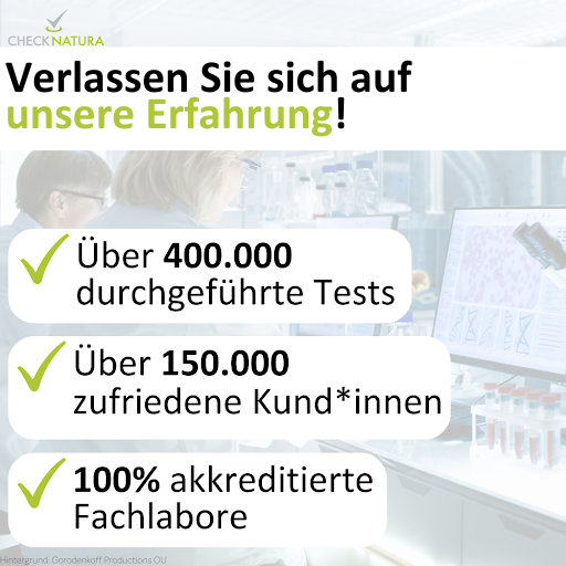 Verlassen Sie sich auf die langjährige Erfahrung von Checknatura: Über 400.000 durchgeführte Tests. Über 150.000 zufriedene Kundinnen und Kunden. 100% akkreditierte Labore in Deutschland. 