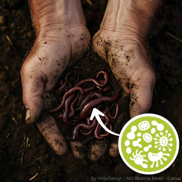 Zwei schmutzige Hände halten mehrere Regenwürmer, daneben ein grünes Symbol mit stilisierten Mikroorganismen und einem Pfeil darauf.
