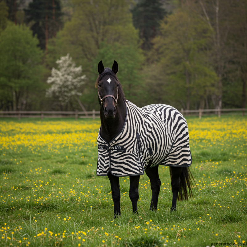 Ein Pferd auf einer Wiese mit einer Fliegendecke im Zebra Muster.