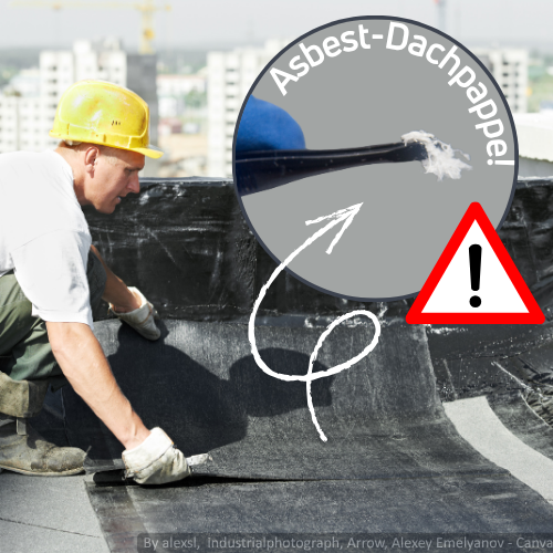 Ein Arbeiter arbeitet an Dachpappe. Daneben eine Detailaufnahme von Asbestfasern und der Schriftzug "Asbest-Dachpappe!"