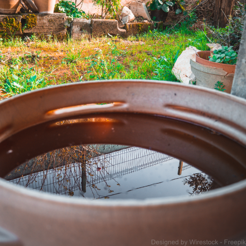 Wasser in einer Regentonne und im Hintergrund ein Garten