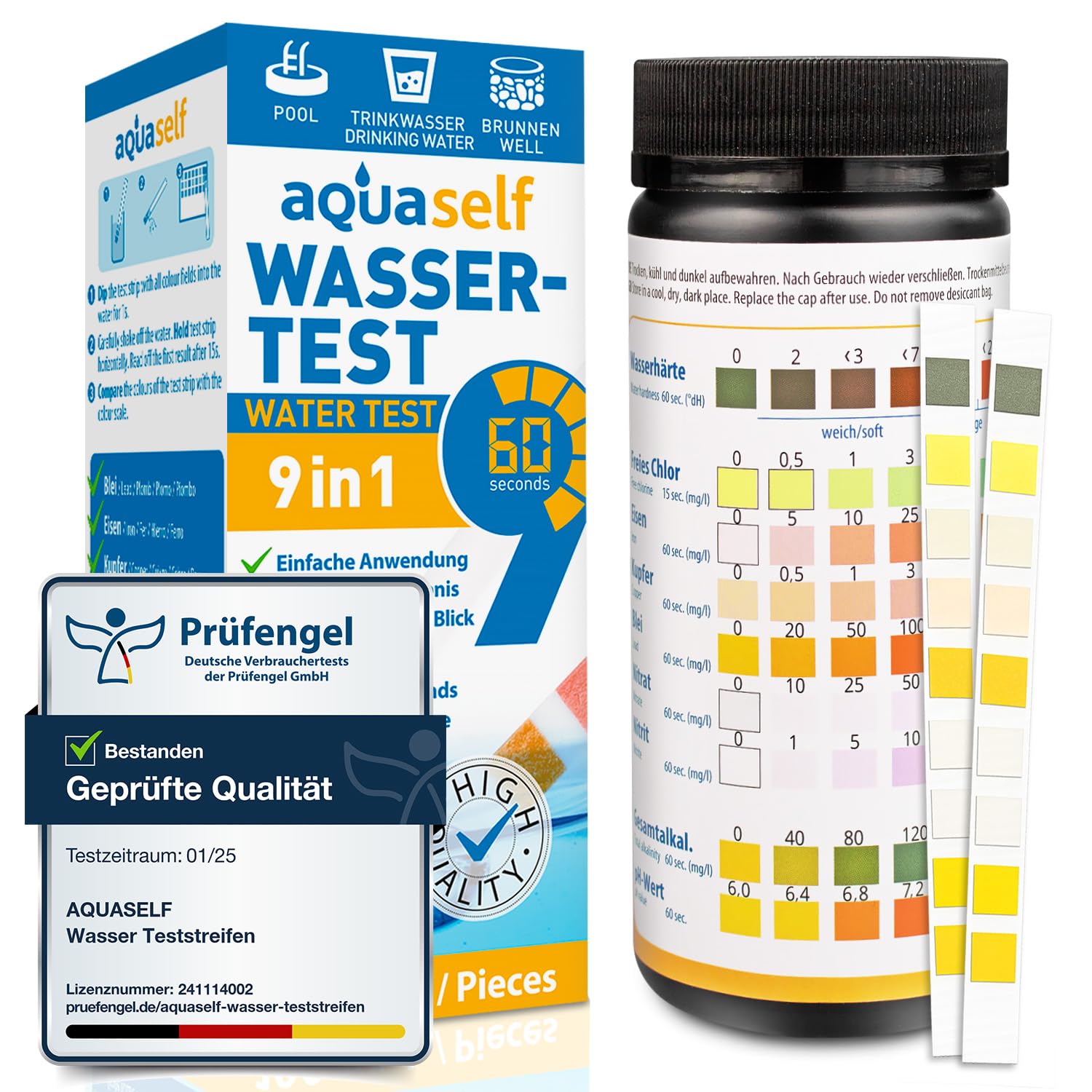 Aquaself Wasser-Test 9-in-1 mit Teststreifen, Farbskala auf der Dose, Verpackung und Prüfengel-Siegel für geprüfte Qualität.