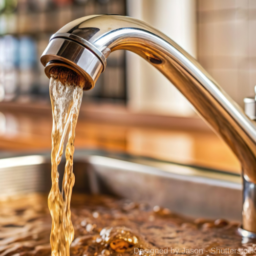 Aus einem Wasserhahn fließt braunes Leitungswasser