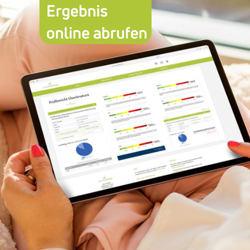 Man schaut einer Frau über die Schulter, die ein Tablet in Händen hält, auf welchem ein übersichtlicher Prüfbericht abgebildet ist. Man sieht ein Kreisdiagramm und bunte Balkendiagramme. Darüber steht "Ergebnis online abrufen". 