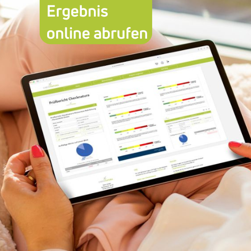 Man schaut einer Frau über die Schulter, die ein Tablet in Händen hält, auf welchem ein übersichtlicher Prüfbericht abgebildet ist. Man sieht ein Kreisdiagramm und bunte Balkendiagramme. Darüber steht "Ergebnis online abrufen".