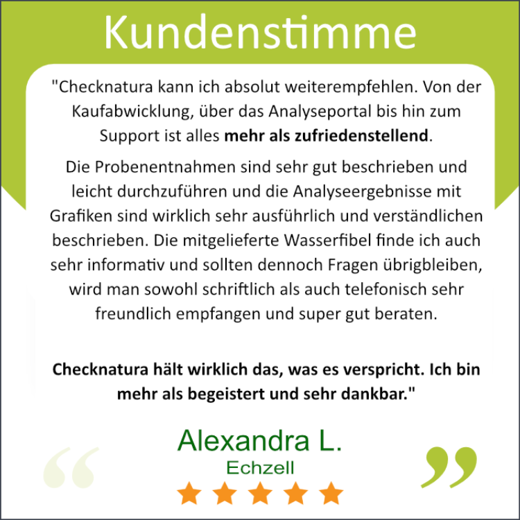 "Checknatura kann ich absolut weiterempfehlen. Von der Kaufabwicklung, über das Analyseportal bis hin zum Support ist alles mehr als zufriedenstellend. Die Probenentnahmen sind sehr gut beschrieben und leicht durchzuführen und die Analyseergebnisse mit G