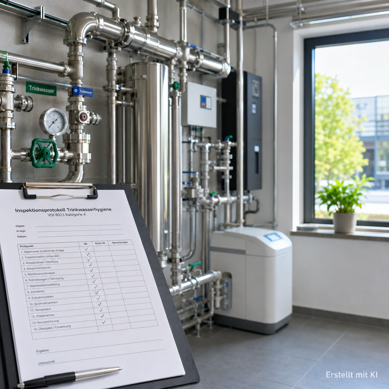 Moderne Trinkwasserinstallation mit Prüfprotokoll für hygienische Wasserqualität.