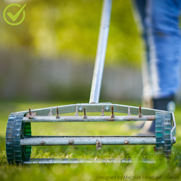 Nahaufnahme eines Bodenbelüfters mit Metallklingen auf grünem Rasen.