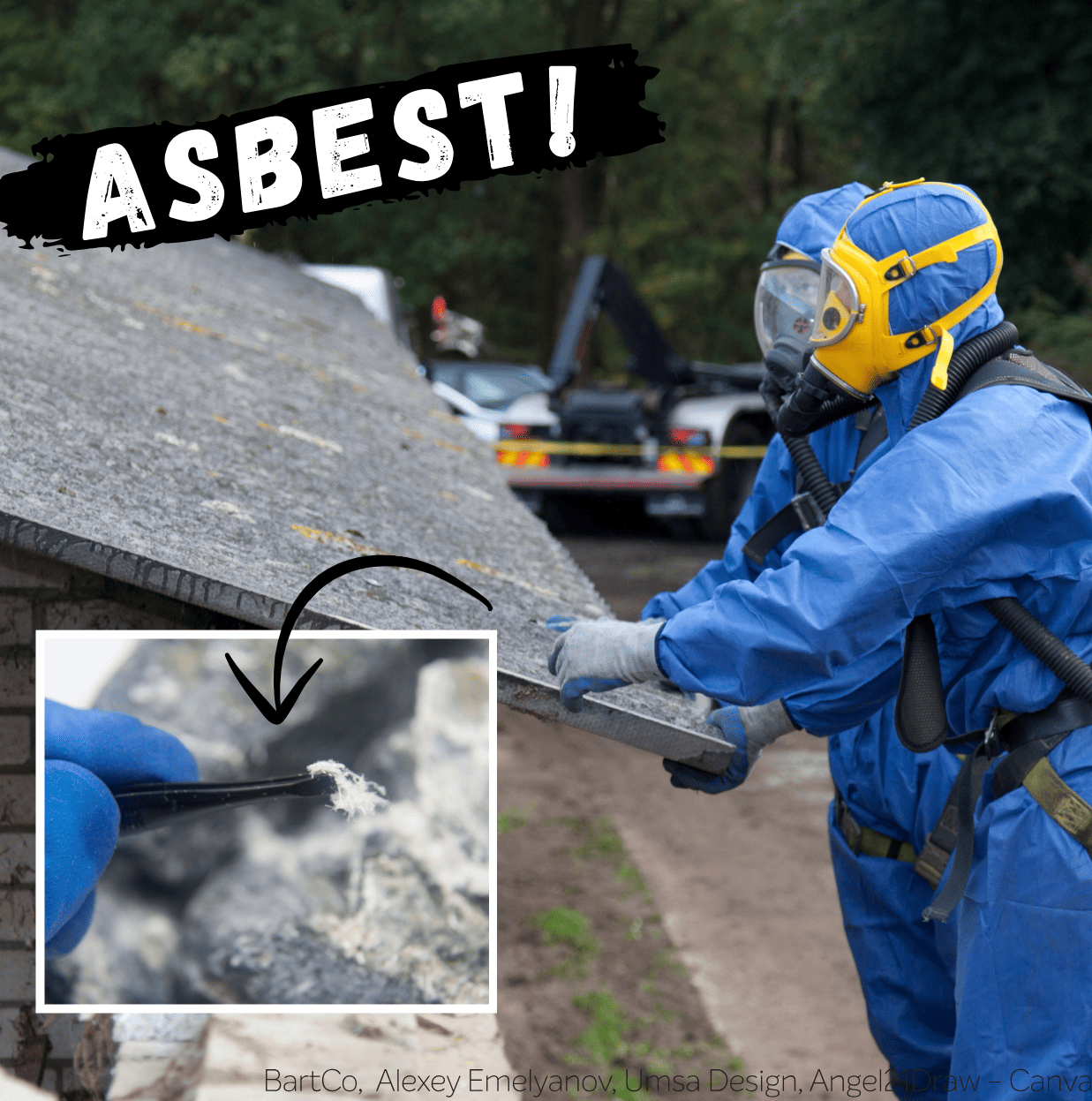 Mehrere Leute in Schutzanzügen untersuchen ein Dach mit Wellplatten aus Asbest. Daneben ist eine Detailaufnahme, wo jemand mit blauen Handschuhen eine Asbestprobe mit einer Pinzette nimmt. 