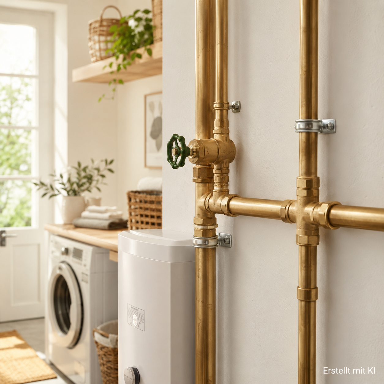 Realistisches Foto einer hellen, freundlichen Hauswirtschaftsraum-Szene mit messingfarbenen Wasserrohren, Ventil und Rohrschellen an einer weißen Wand. Im Hintergrund sind Waschmaschine, Pflanzen, Körbe und Tageslicht zu sehen.