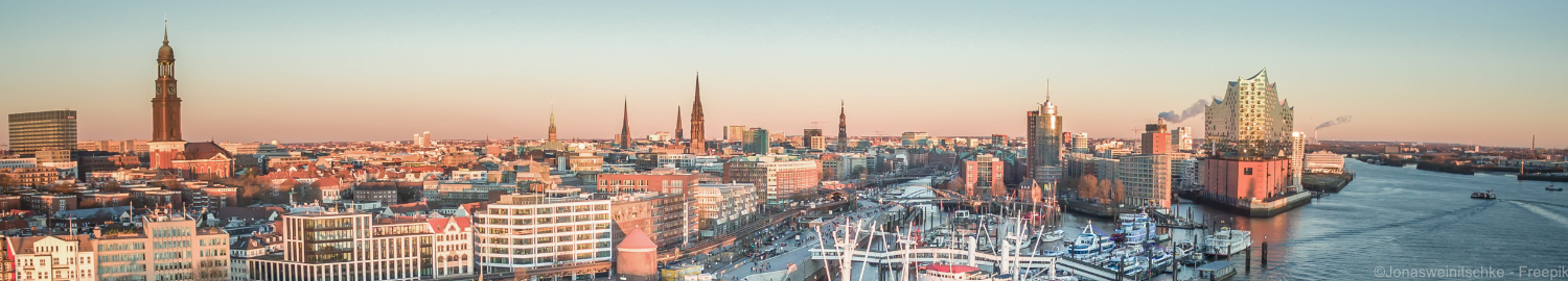 Weitwinkel Aufnahme von Hamburg mit Landungsbrücken und Elbphilharmonie