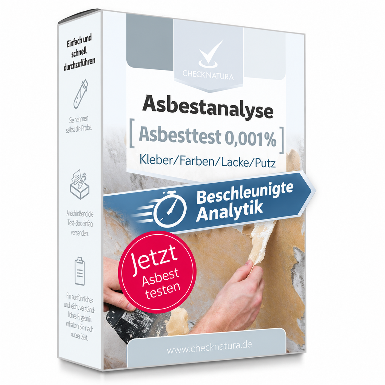 CheckNatura Asbesttest 0,001 % für Kleber, Farben, Lacke und Putz mit beschleunigter Analytik.