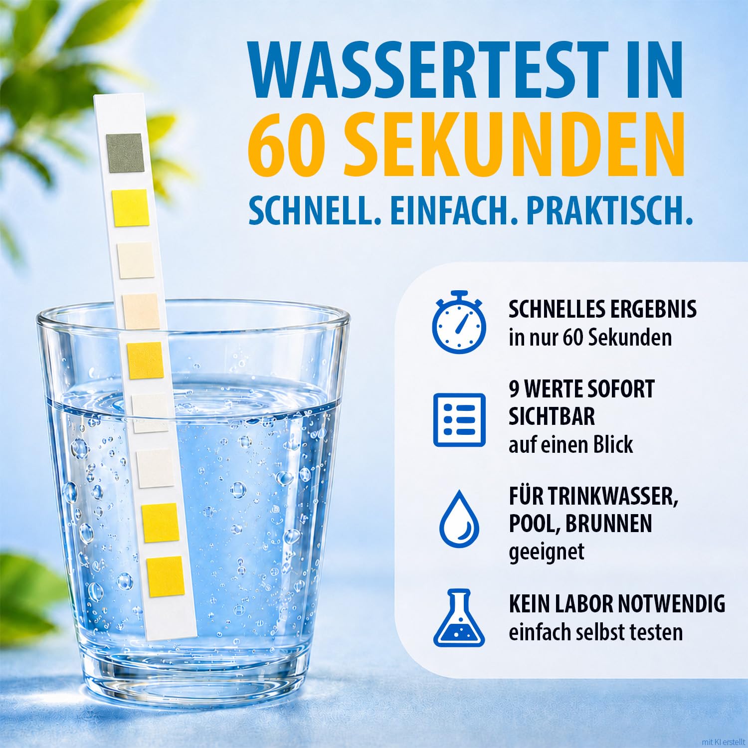 Wasserteststreifen in einem Glas Wasser mit Hinweis auf einen schnellen 9-in-1-Wassertest für Trinkwasser, Pool und Brunnen in 60 Sekunden.