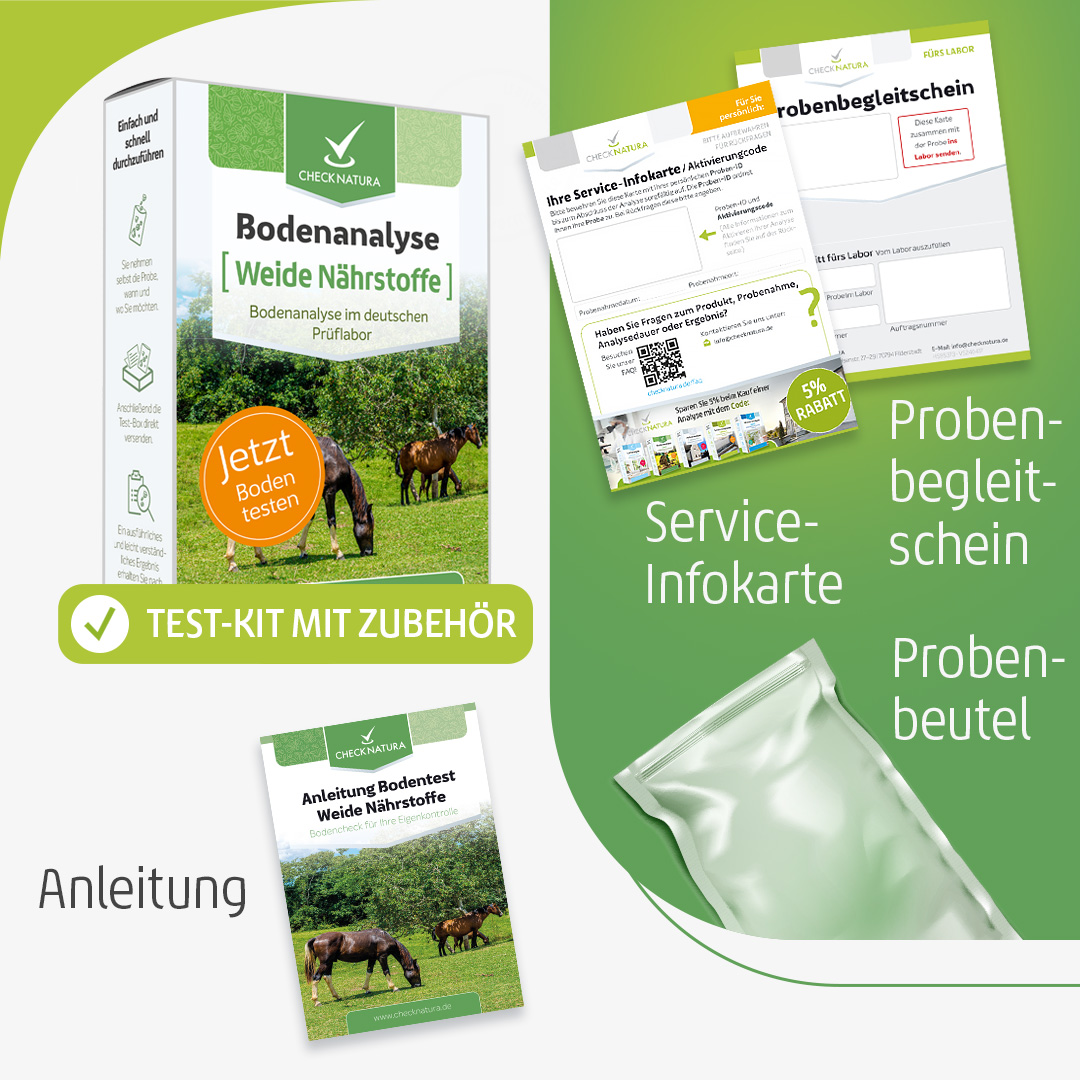 Produktabbildung eines Bodenanalyse-Testkits mit Zubehör: Verpackung, Anleitung, Service-Infokarte, Probenbegleitschein und Probenbeutel.