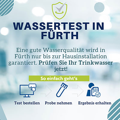 Banner mit Text: „Wassertest in Fürth – Eine gute Wasserqualität wird in Fürth nur bis zur Hausinstallation garantiert. Prüfen Sie Ihr Trinkwasser jetzt! So einfach geht’s – Test bestellen – Probe nehmen – Ergebnis erhalten“