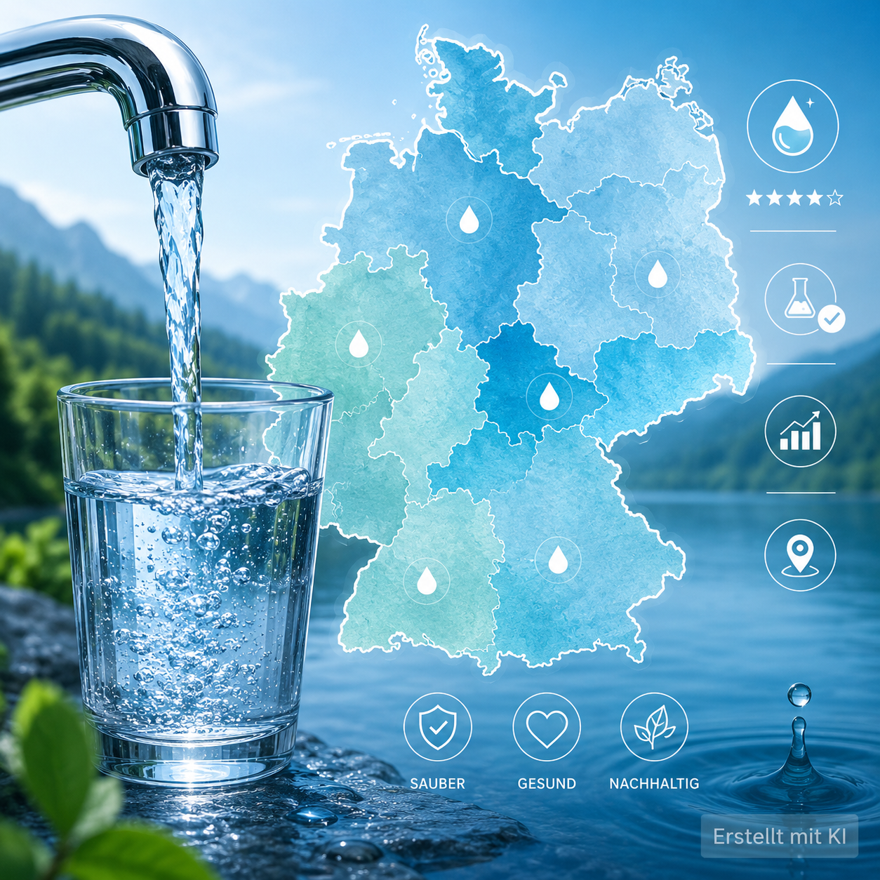 Glas mit klarem Leitungswasser vor einer Deutschlandkarte mit Wasser- und Qualitätsicons als Symbol für regionale Unterschiede der Trinkwasserqualität.