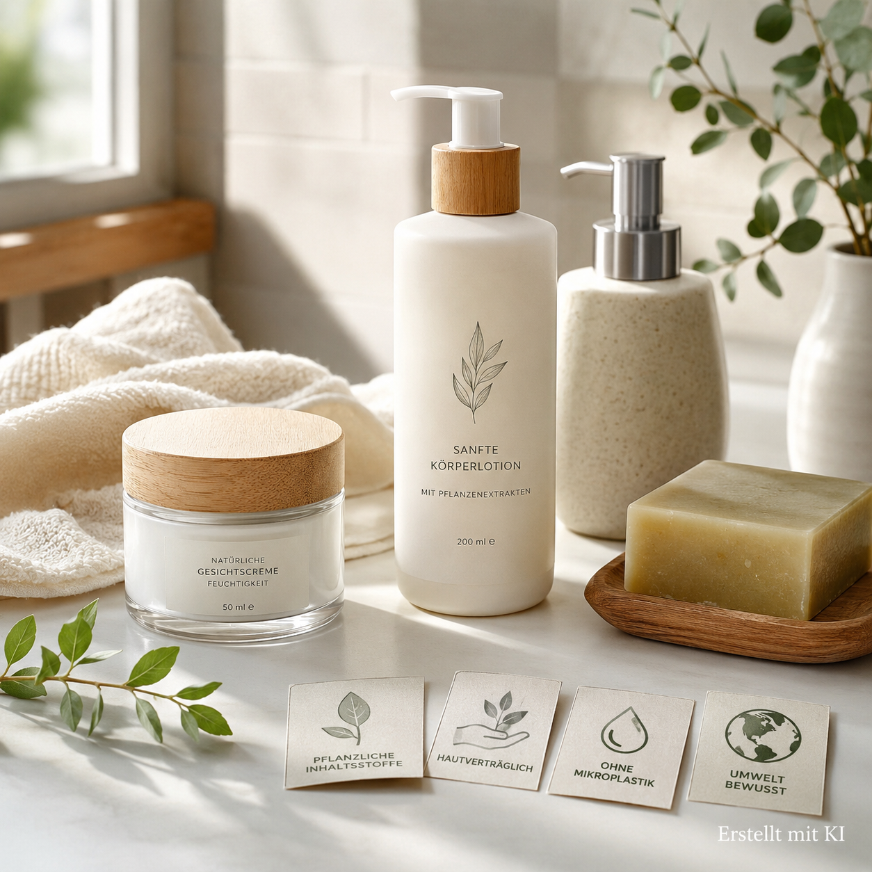 Naturkosmetik-Produkte mit dezenten Prüfsiegeln auf einem hellen Kosmetiktisch.