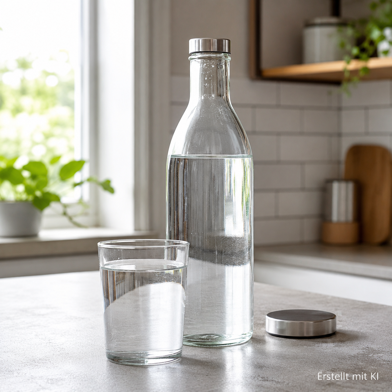 Glasflasche und Wasserglas mit frischem Trinkwasser auf einer sauberen Küchenarbeitsfläche.