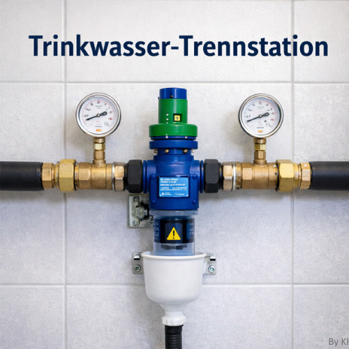Zentrierte Aufnahme einer Trinkwasser-Trennstation mit Systemtrenner Typ BA, installiert zwischen zwei Rohrleitungen. Zwei Manometer zeigen den Druck an, unterhalb befindet sich ein Ablauftrichter mit Warnsymbol. Im oberen Bereich steht der Titel „Trinkwa