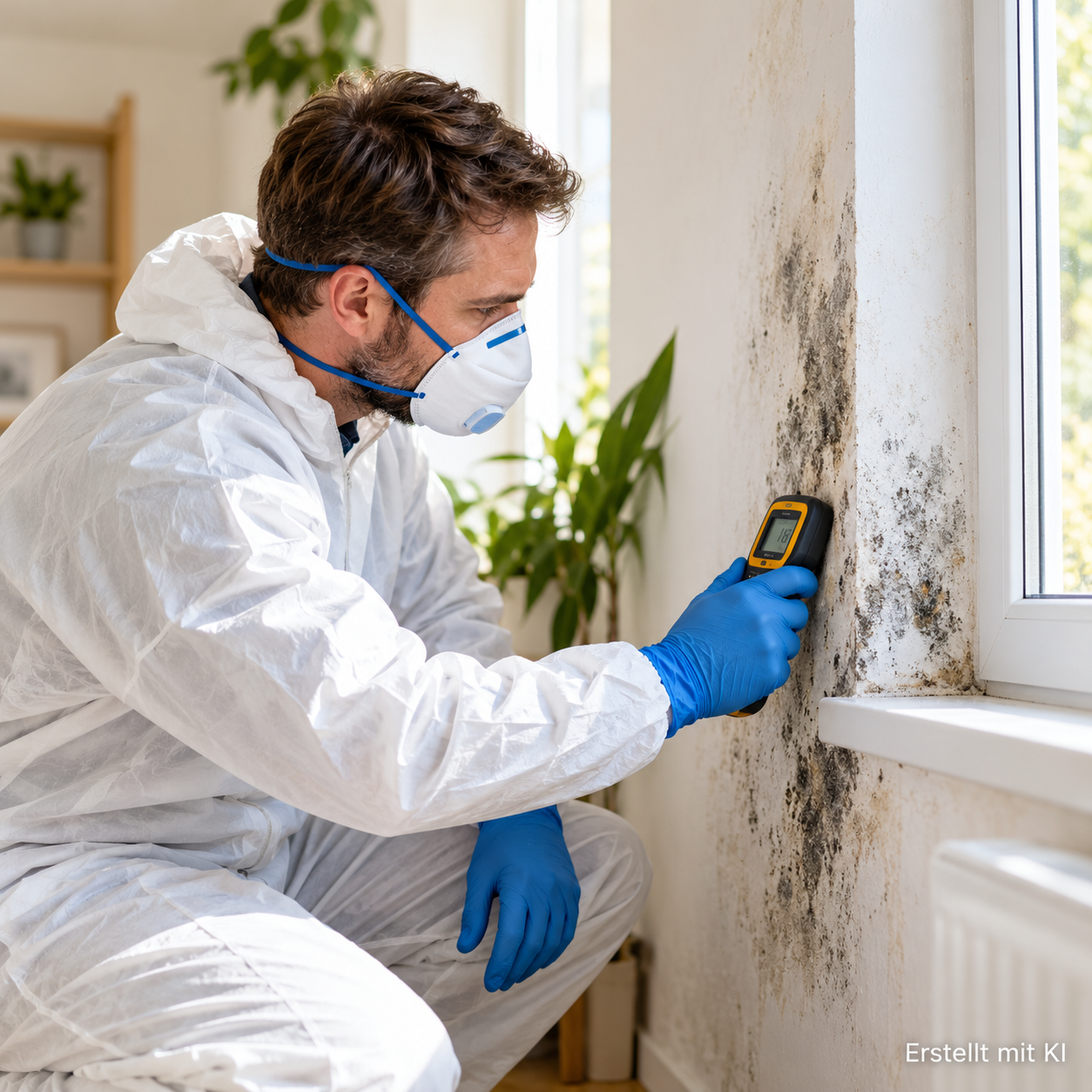 Fachkraft mit Schutzausrüstung untersucht eine schimmelbefallene Wand und misst die Feuchtigkeit vor der Schimmelsanierung.