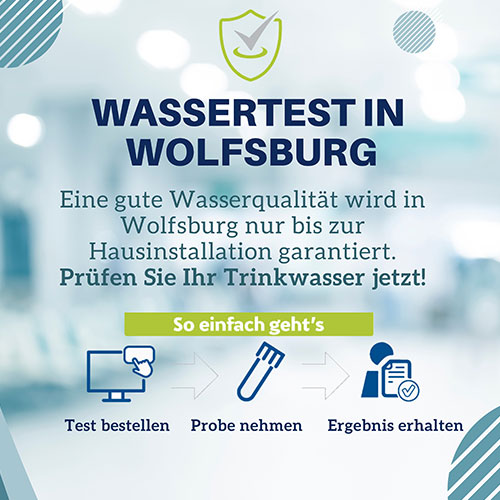 Banner mit Text: „Wassertest in Wolfsburg – Eine gute Wasserqualität wird in Wolfsburg nur bis zur Hausinstallation garantiert. Prüfen Sie Ihr Trinkwasser jetzt! So einfach geht’s – Test bestellen – Probe nehmen – Ergebnis erhalten“