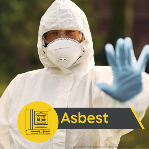 Ein Mann in Asbest-Schutzkleidung streckt warnend die Hand aus. Darunter der Schriftzug "Asbest" mit einem Gesetz-Symbol.