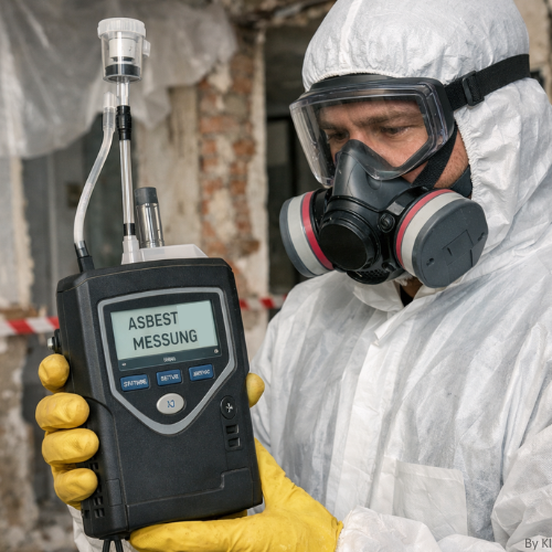 Ein Mann in Schutzkleidung führt eine Messung mit einem Asbest Messgerät durch.