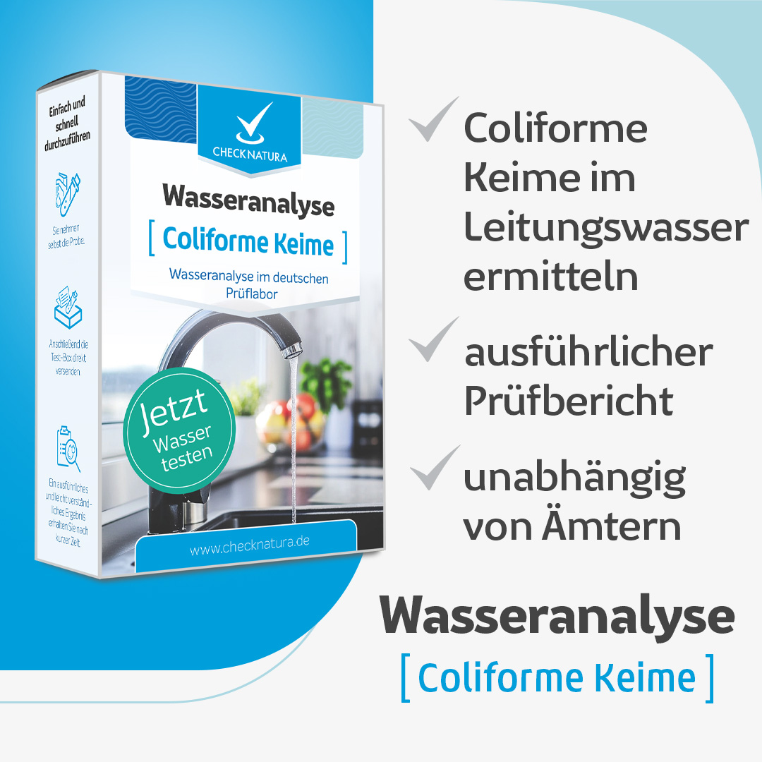 Wasseranalyse-Testkit für coliforme Keime mit Produktverpackung und Hinweisen zur Ermittlung von coliformen Keimen im Leitungswasser, ausführlichem Prüfbericht und unabhängiger Analyse.