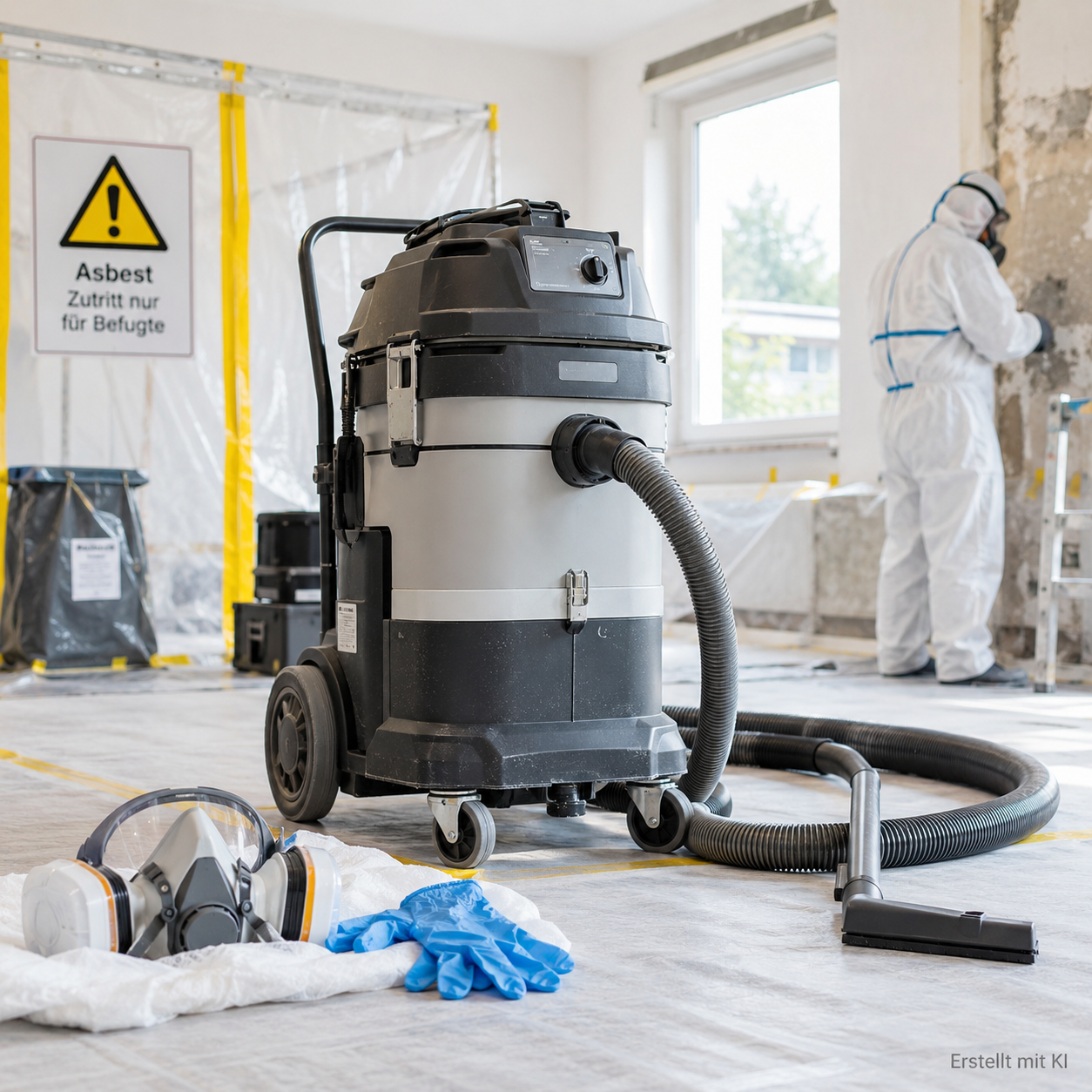 Professioneller Sicherheitssauger mit Schutzausrüstung in einem kontrollierten Arbeitsbereich bei einer Asbestsanierung.