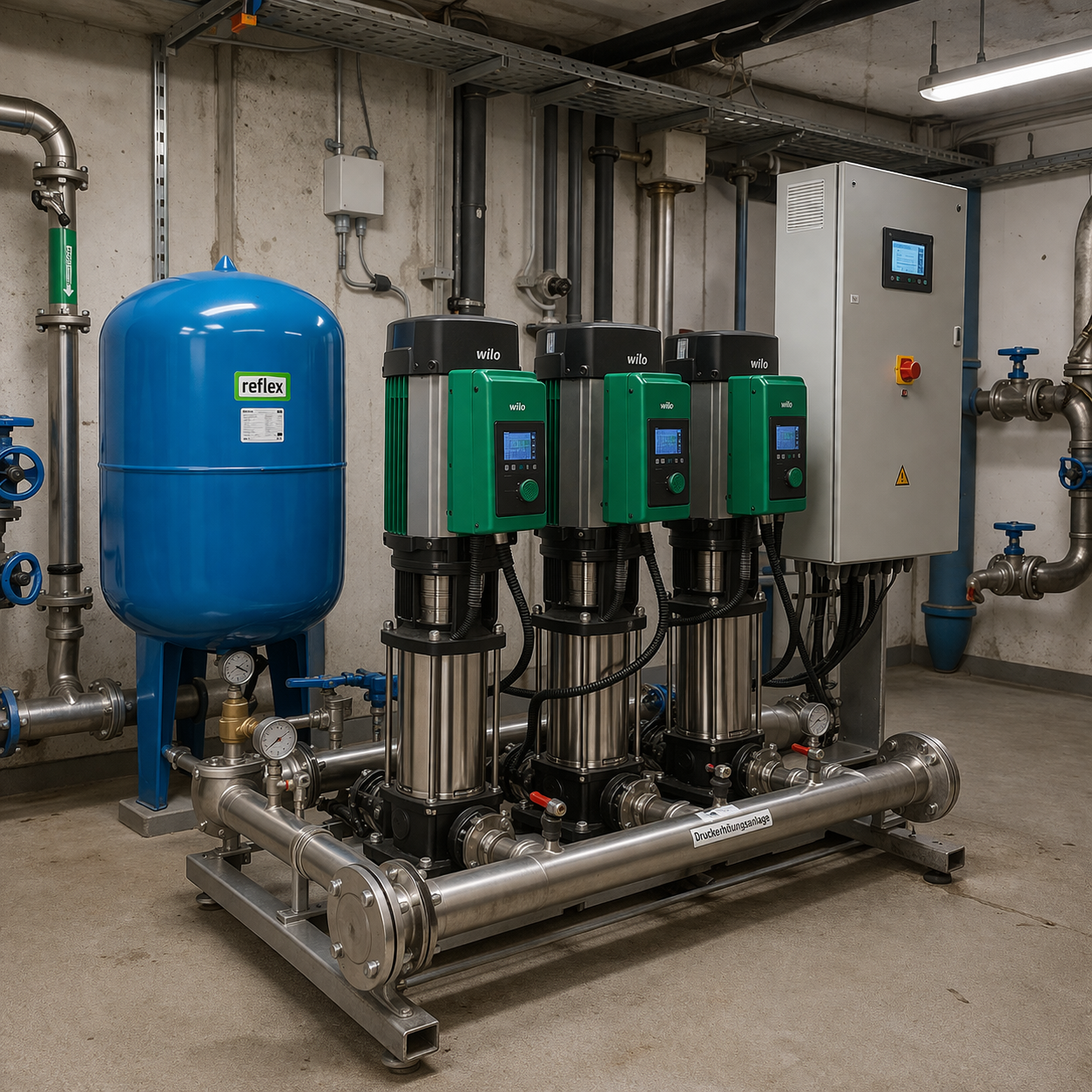 Druckerhöhungsanlage in einem Keller