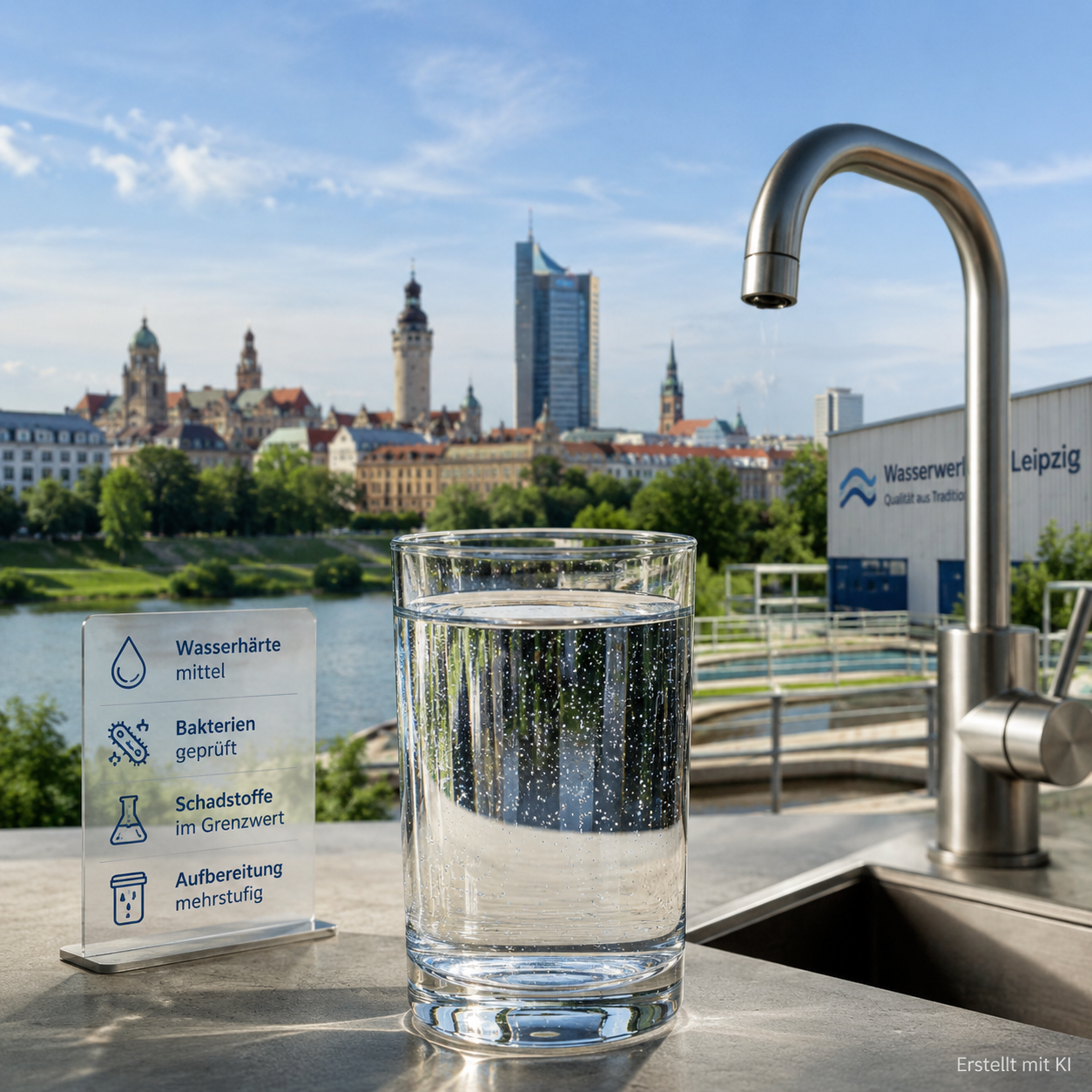 Klares Leipziger Leitungswasser vor einer dezent dargestellten Stadtkulisse als Symbol für Wasserqualität und Aufbereitung.