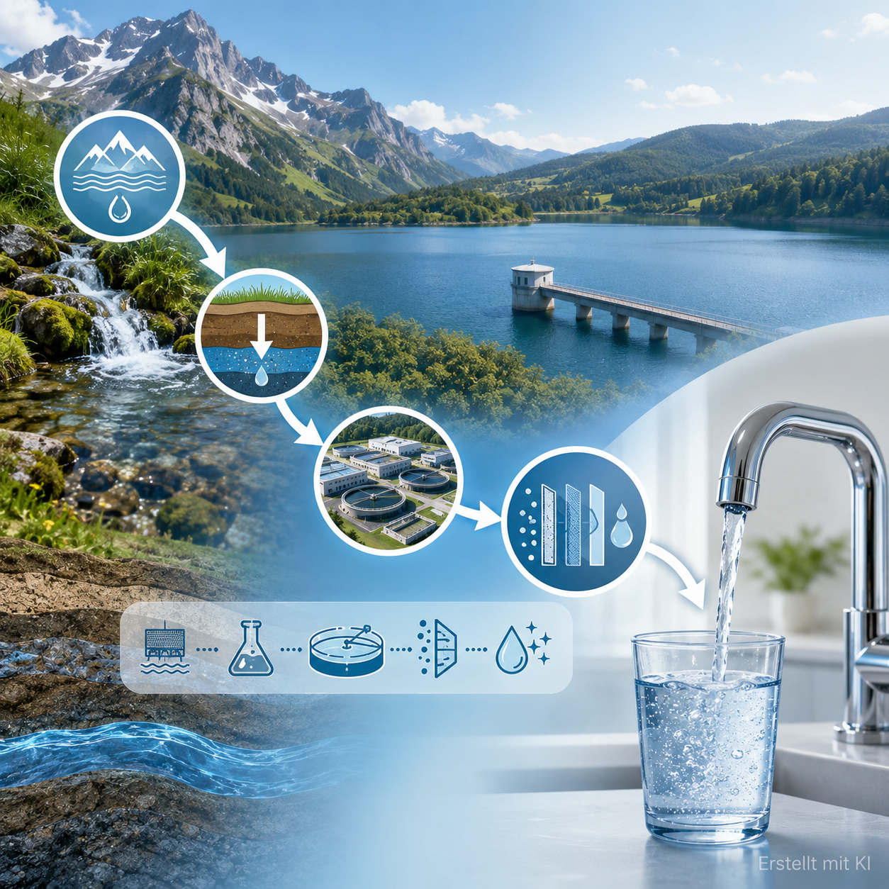 Infografische Darstellung des Weges von Bergquelle, Grundwasser und Wasserwerk bis zum Wasserhahn mit Glas Trinkwasser.