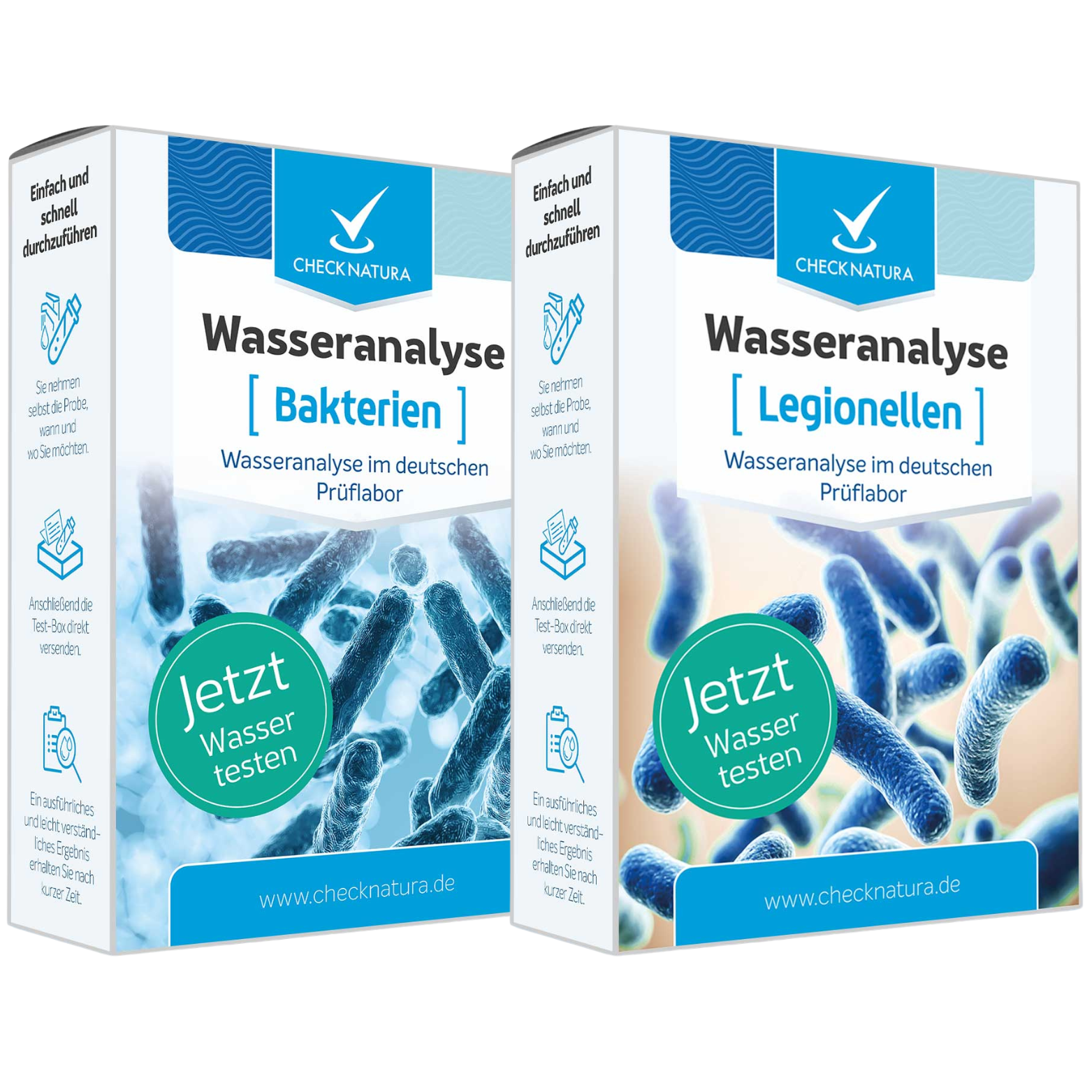 Wassertest-Set: Bakterien + Legionellen Dieses Vorteils-Set beinhaltet gleich zwei wichtige Wassertests: Wassertest Bakterien und Legionellentest