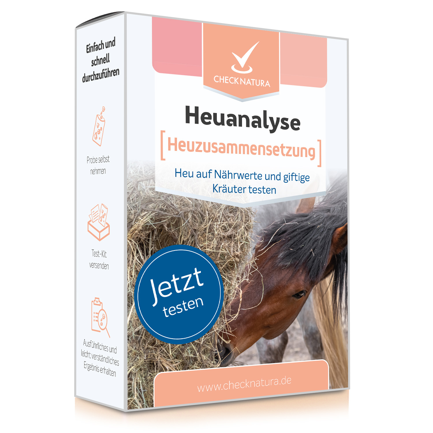 Produktverpackung einer Heuanalyse zur Heuzusammensetzung mit Pferdemotiv und Hinweis auf eine zuverlässige Analyse für die richtige Entwurmung.