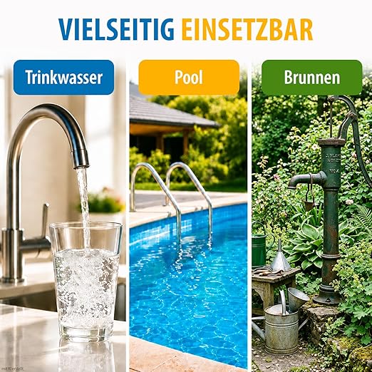 Anwendungsbereiche des Wassertests für Trinkwasser, Pool und Brunnen mit Wasserhahn, Schwimmbecken und Gartenbrunnen.