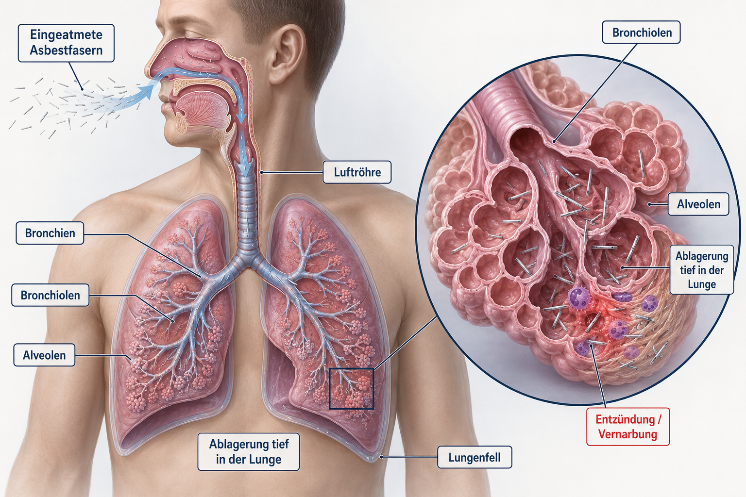Medizinische Infografik: Eingeatmete Asbestfasern gelangen über Nase, Mund, Luftröhre und Bronchien tief in die Lunge. Ein vergrößerter Ausschnitt zeigt, wie sich nadelförmige Fasern in Bronchiolen und Alveolen ablagern und dort Entzündungen sowie Vernarb