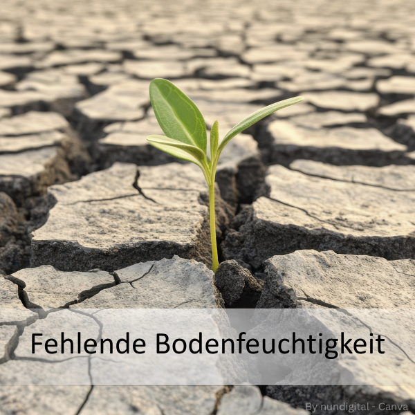Junge Pflanze mit zwei Blättern wächst aus rissigem, trockenem Boden. Text 'Fehlende Bodenfeuchtigkeit' ist sichtbar.