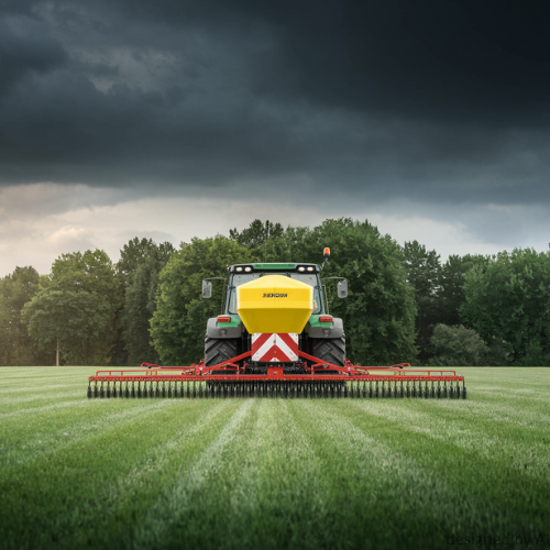 Ein Traktor der eine Pferdeweide bearbeitet.