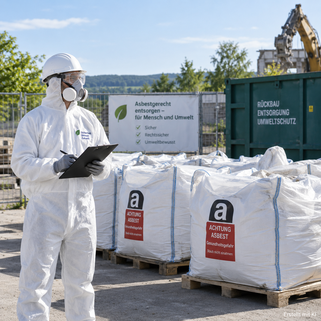 Fachgerecht verpackte Asbestabfälle mit geschützter Fachkraft auf einer sauberen Entsorgungsfläche.